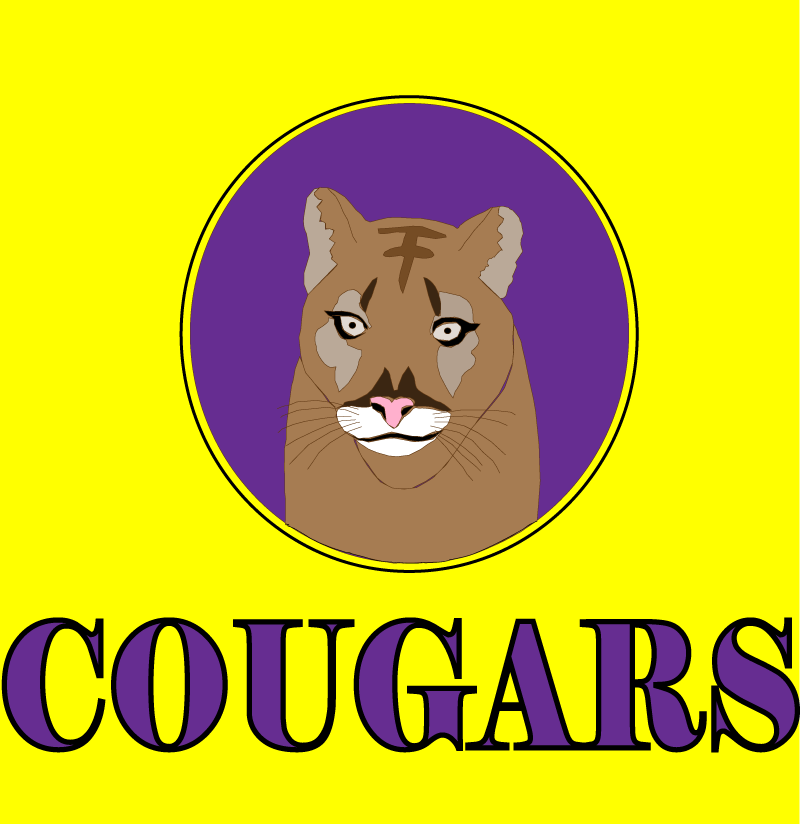 Logo with Tan and Black Cougar on a Purple and Gold backdrop